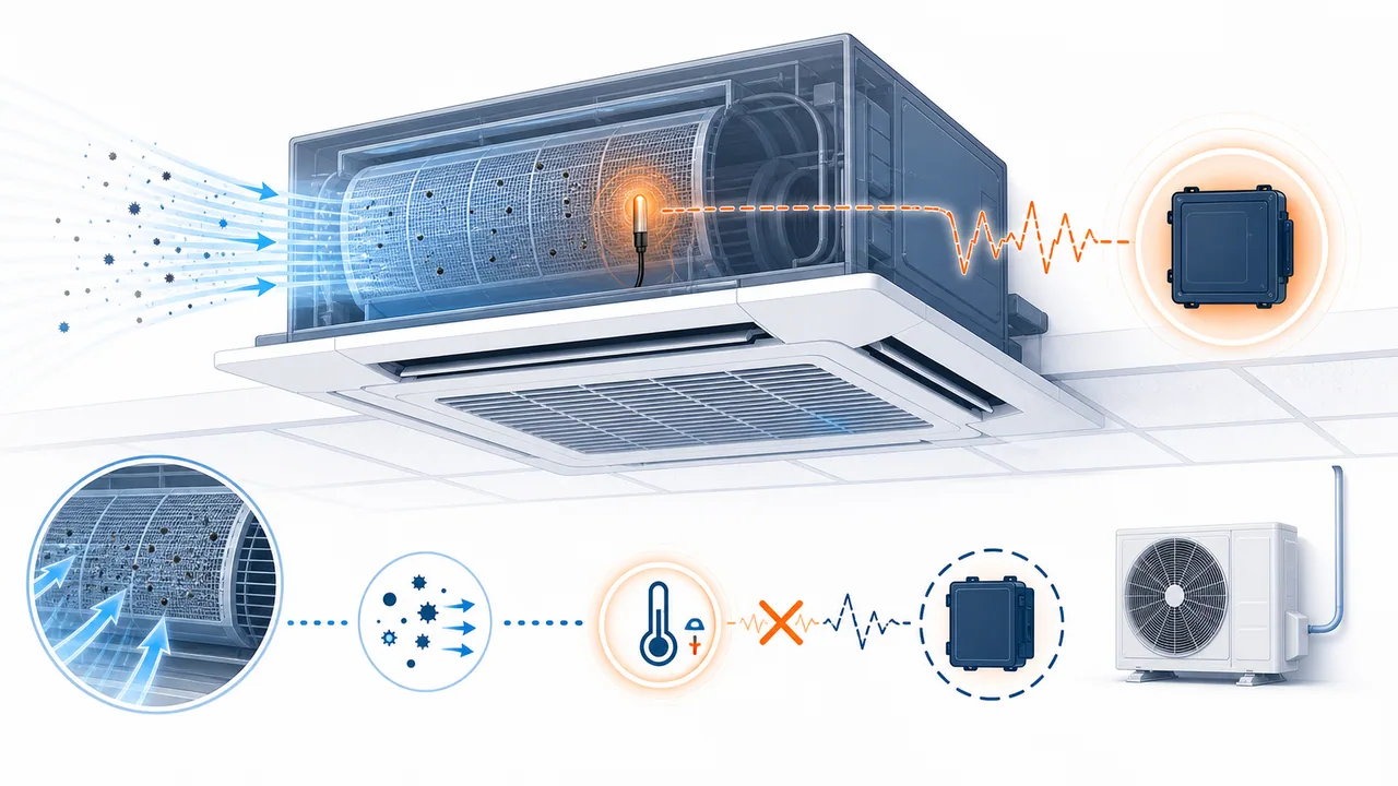 Schéma de diagnostic montrant une thermistance d’air aspiré Daikin SkyAir près de la grille intérieure.