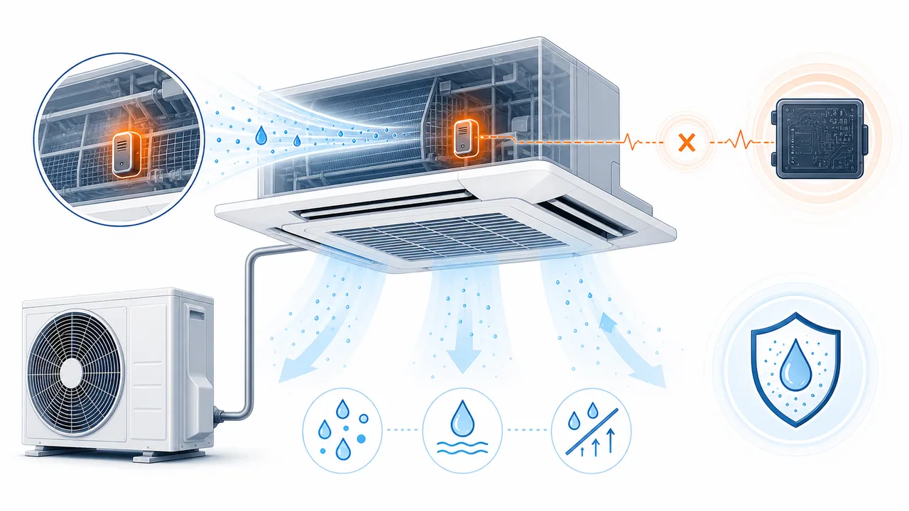 Schéma de diagnostic montrant un capteur d’humidité intérieur Daikin SkyAir avec signal incohérent.