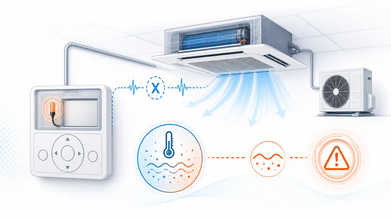 Schéma de diagnostic montrant une télécommande filaire Daikin SkyAir avec thermistance ambiante en défaut.