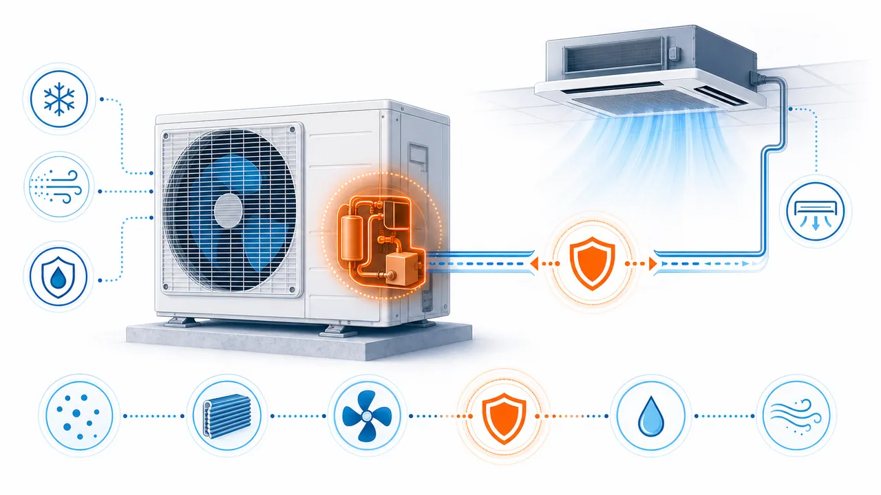 Schéma de diagnostic montrant une protection de sécurité de l’unité extérieure Daikin SkyAir activée.