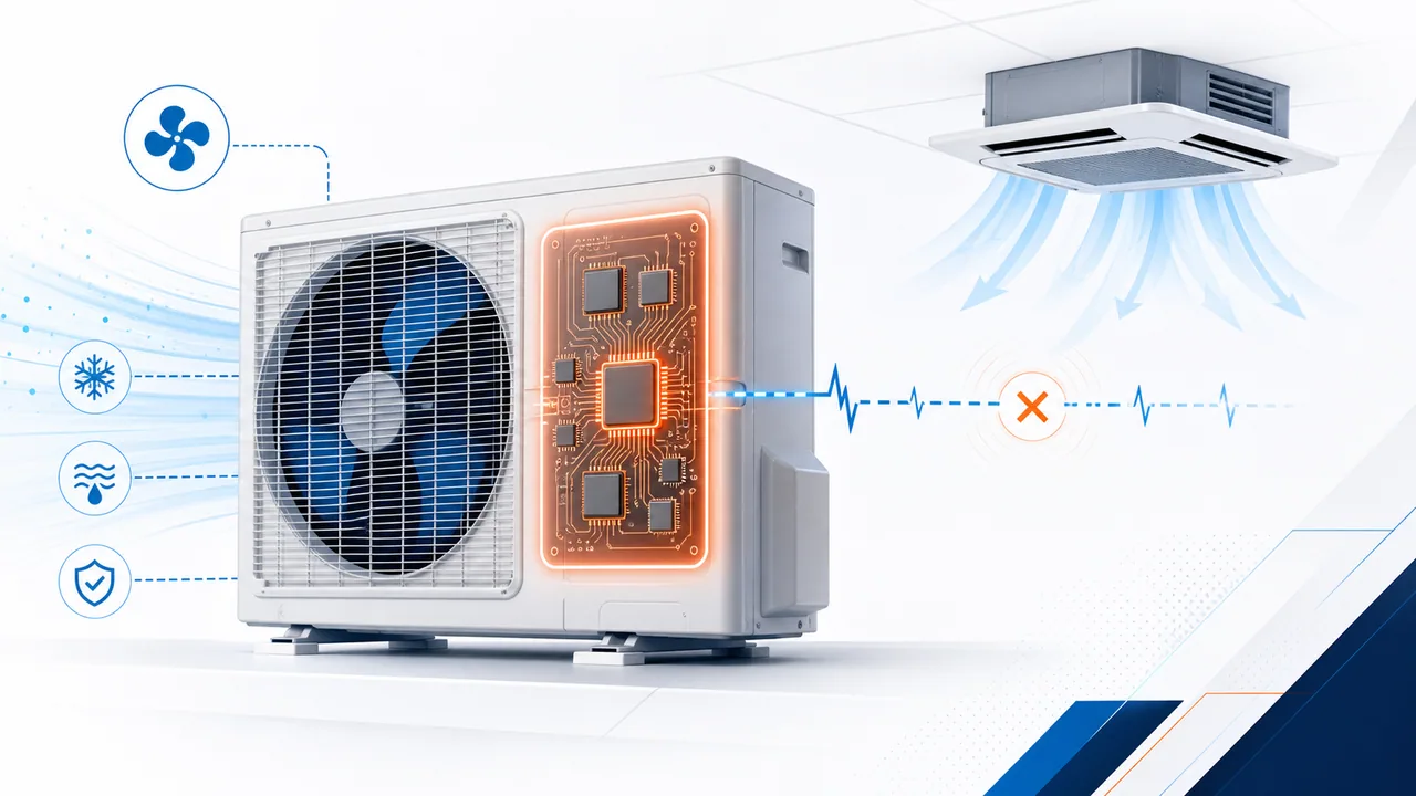 Schéma de diagnostic montrant une carte PCB principale d’unité extérieure Daikin SkyAir en défaut.