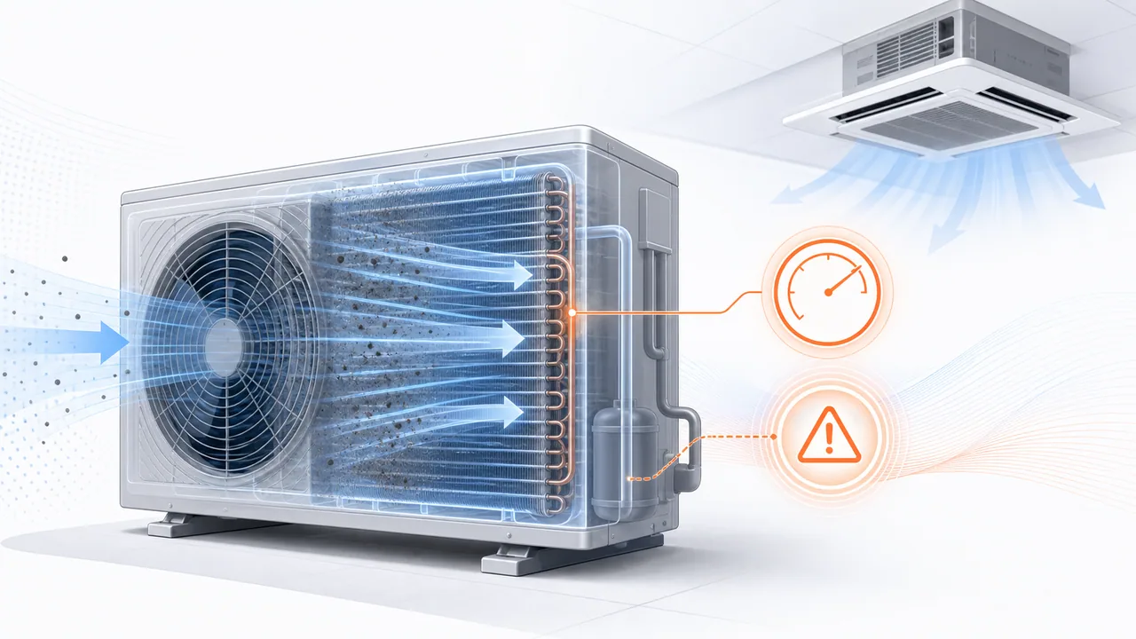 Schéma de diagnostic montrant un circuit haute pression Daikin SkyAir avec condenseur et pressostat HP en alerte.