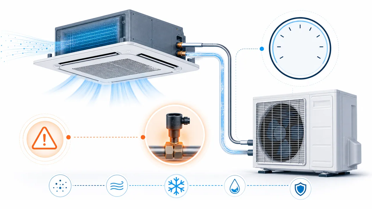 Schéma de diagnostic montrant une basse pression Daikin SkyAir sur la ligne d’aspiration avec capteur BP en alerte.