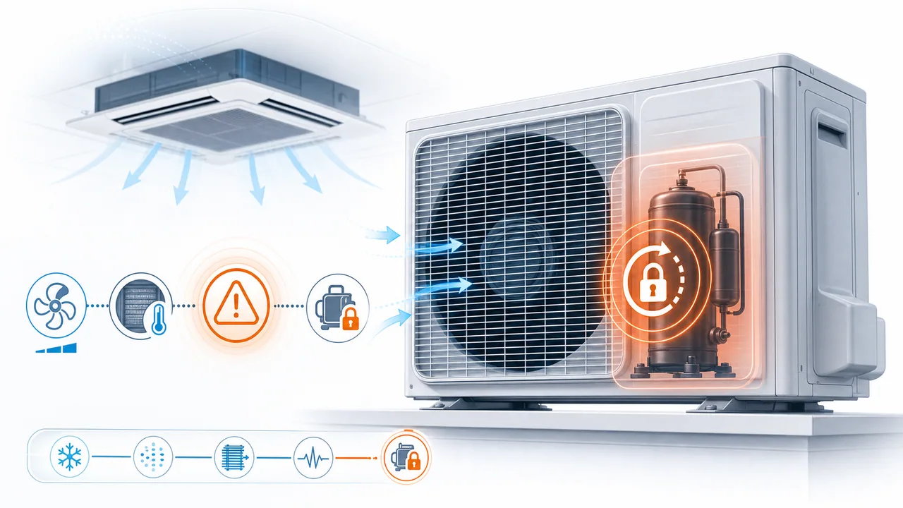 Schéma de diagnostic montrant un compresseur Daikin SkyAir bloqué ou incapable de démarrer dans l’unité extérieure.
