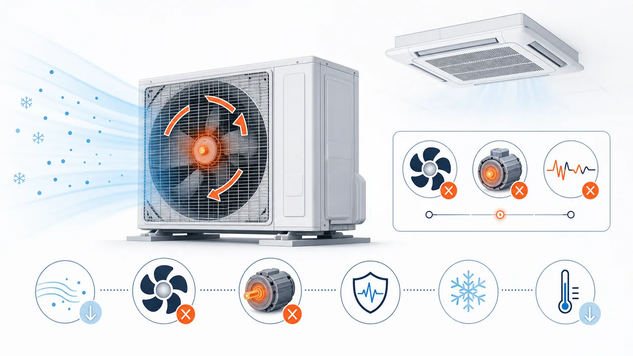 Schéma de diagnostic montrant un moteur de ventilateur extérieur Daikin SkyAir bloqué ou en surintensité.