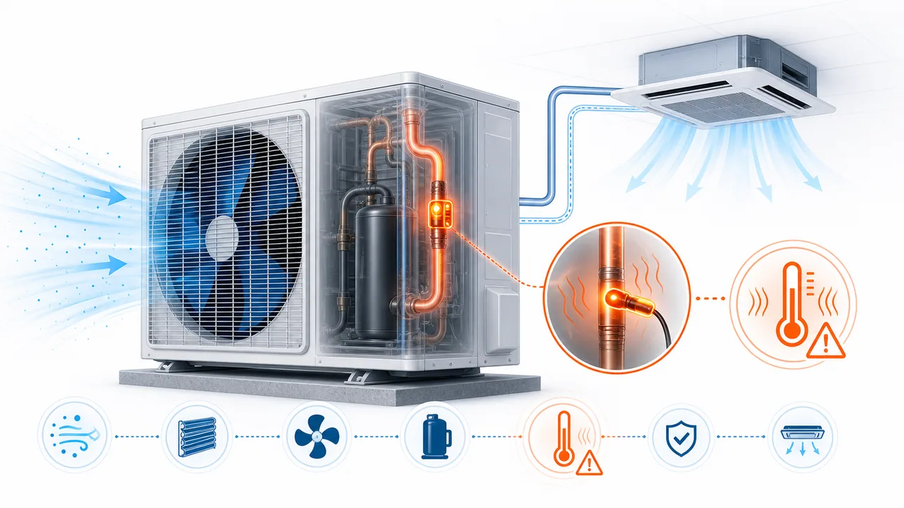 Schéma de diagnostic montrant une thermistance de tuyau de refoulement Daikin SkyAir en surchauffe.