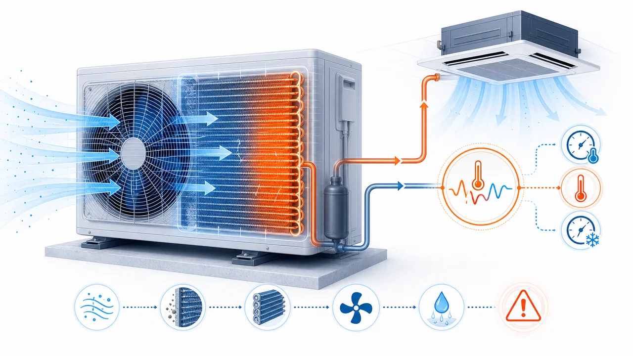 Schéma de diagnostic montrant un échangeur extérieur Daikin SkyAir avec déséquilibre thermique du circuit frigorifique.
