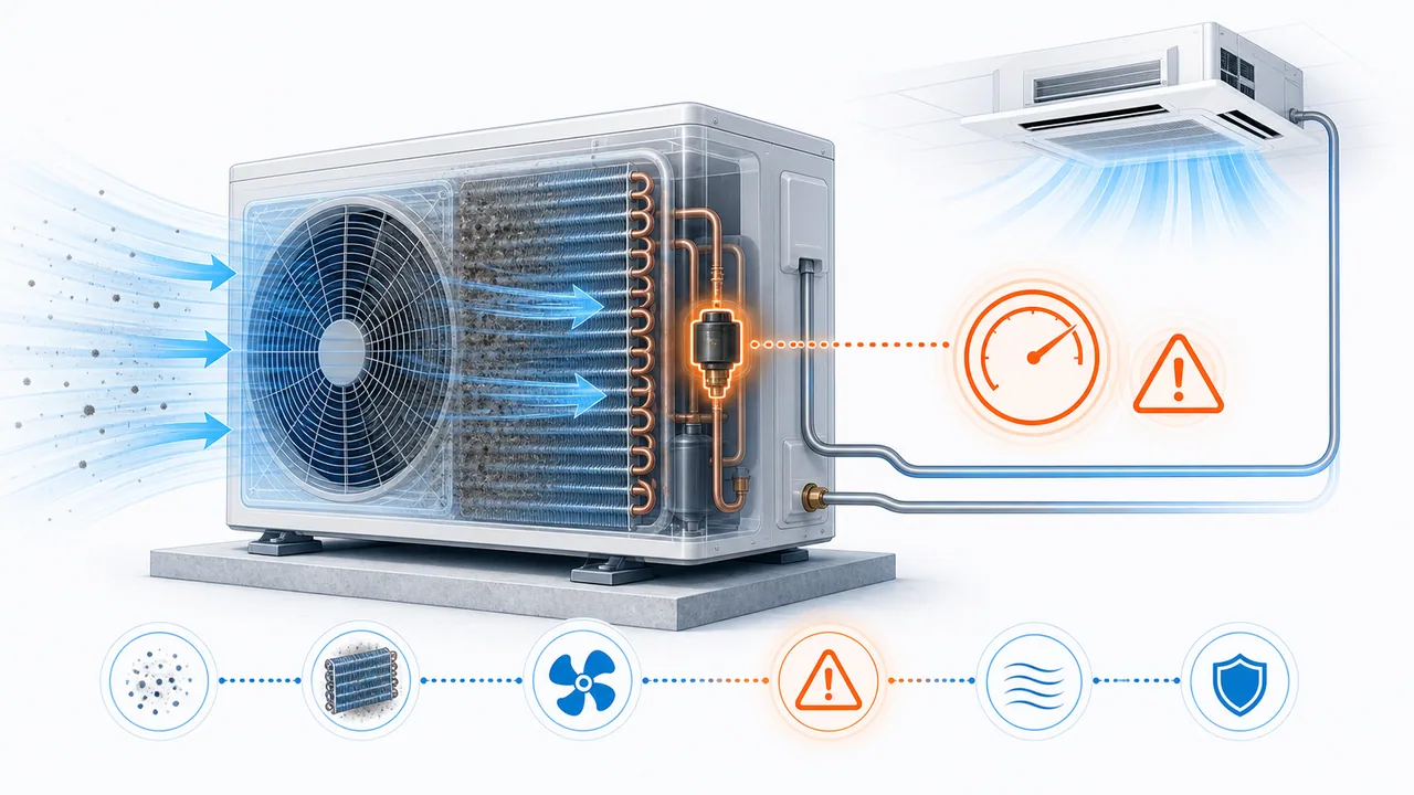 Schéma de diagnostic montrant un pressostat haute pression Daikin SkyAir déclenché côté unité extérieure.