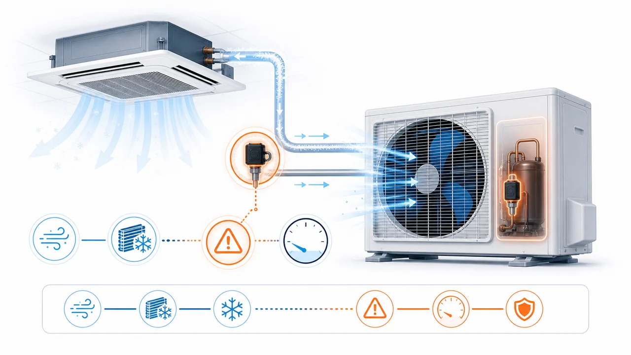 Schéma de diagnostic montrant un pressostat basse pression Daikin SkyAir avec aspiration frigorifique affaiblie.