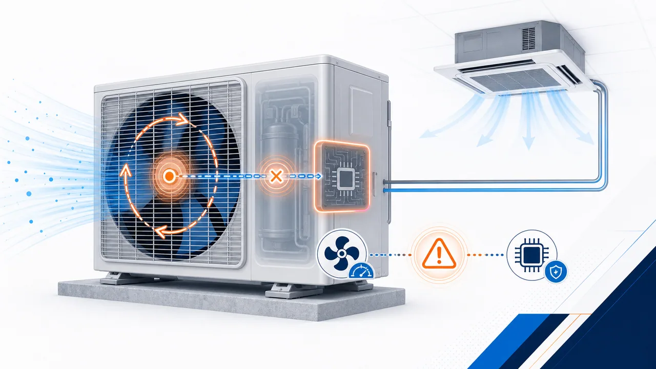 Schéma de diagnostic montrant un retour de signal ventilateur extérieur Daikin SkyAir interrompu.