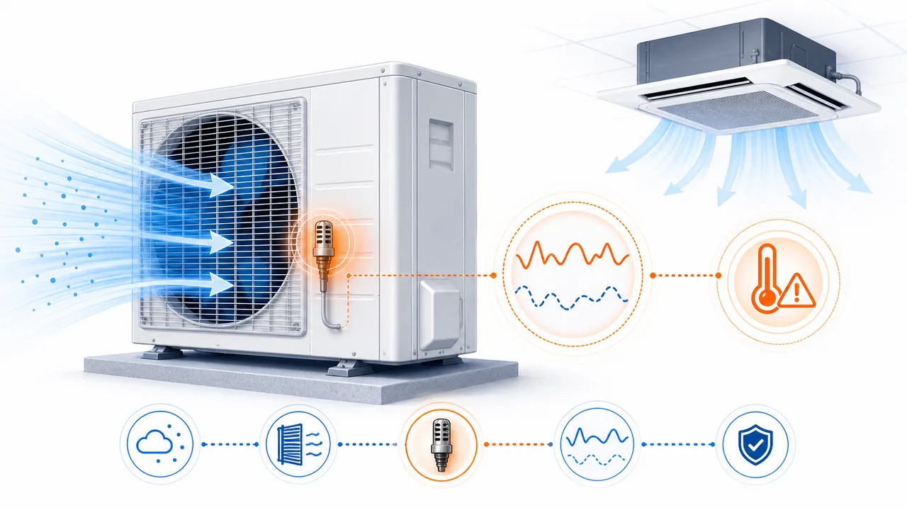 Schéma de diagnostic montrant une thermistance d’air extérieur Daikin SkyAir près de la grille de reprise extérieure.