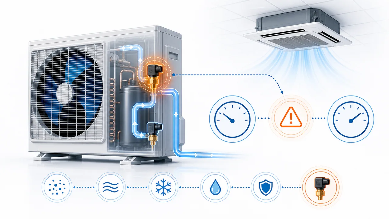 Schéma de diagnostic montrant un système de capteur de pression extérieur Daikin SkyAir en anomalie.
