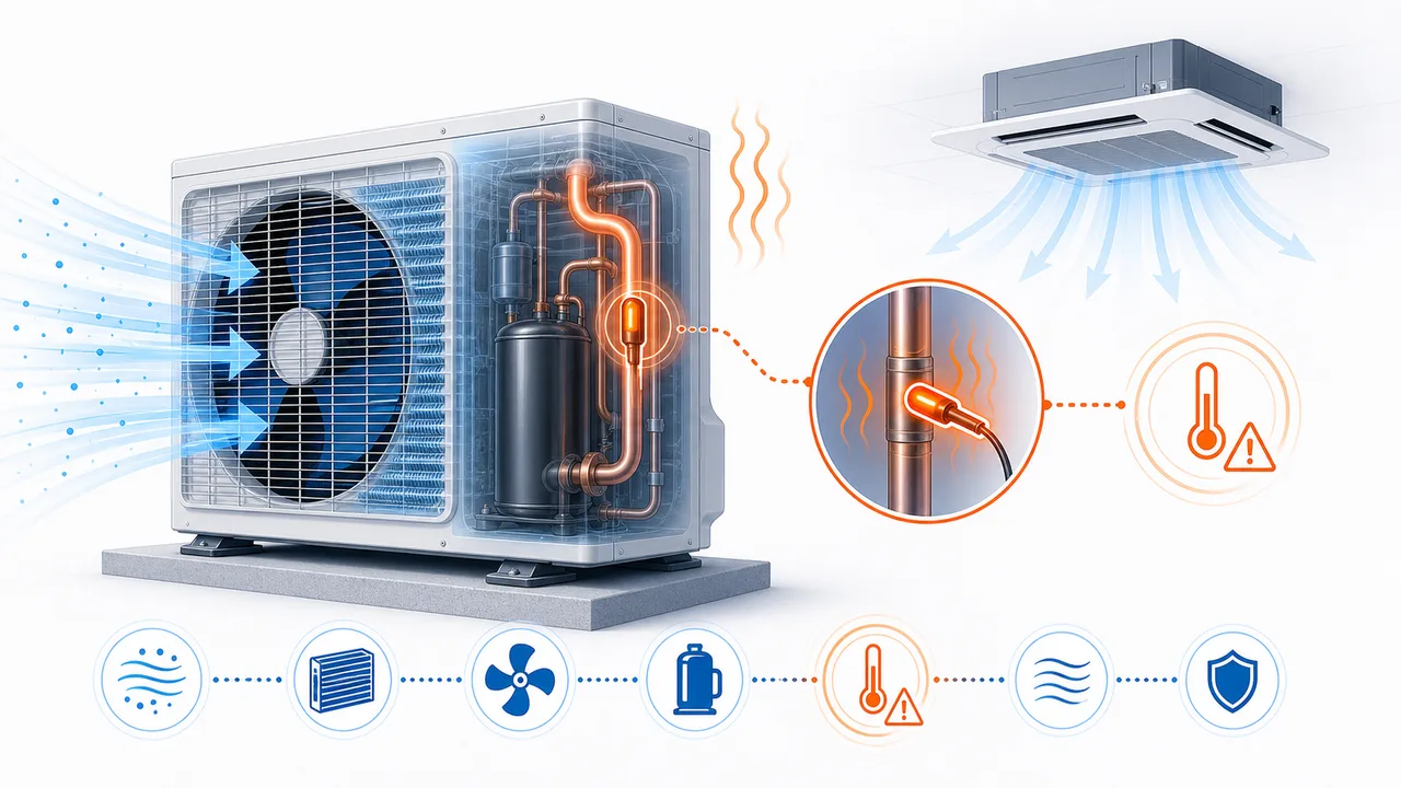 Schéma de diagnostic montrant une thermistance de refoulement Daikin SkyAir sur la sortie compresseur.
