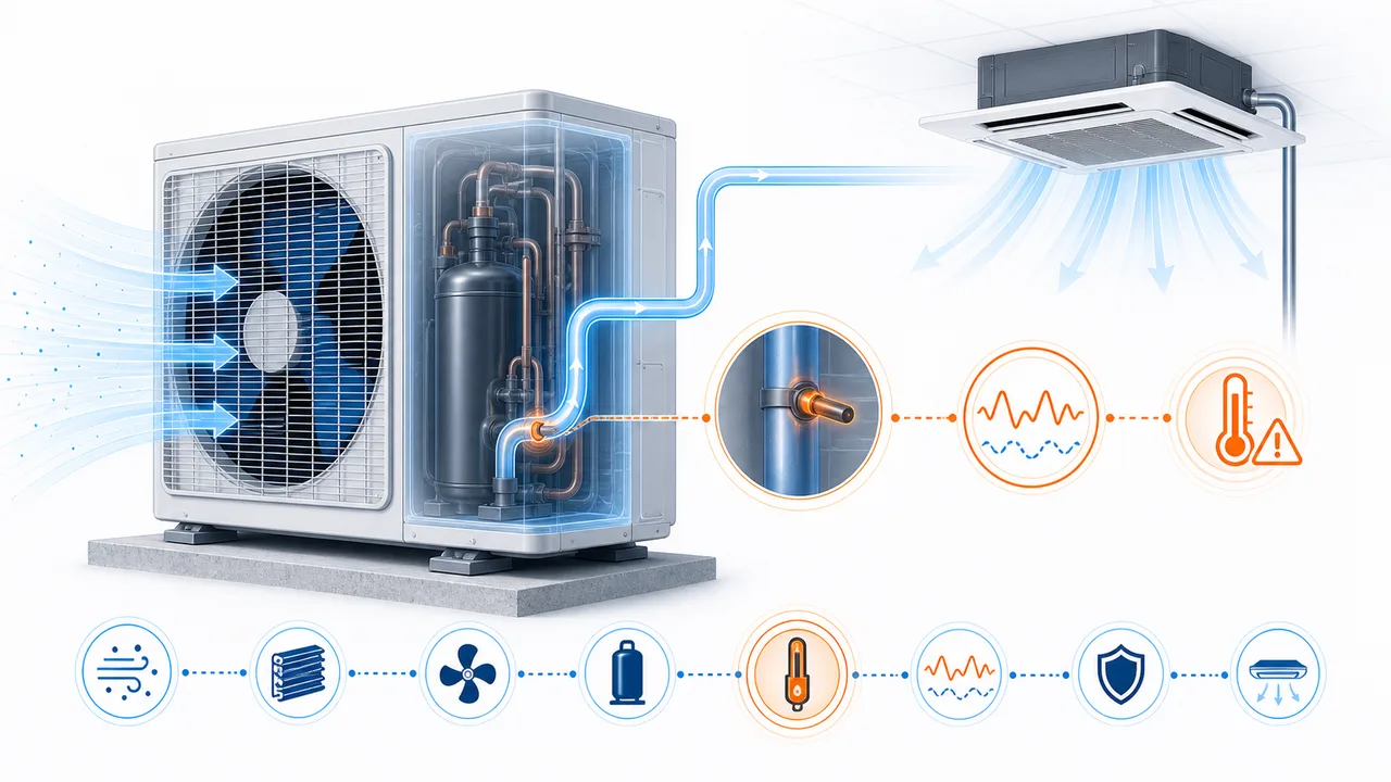 Schéma de diagnostic montrant une thermistance d’aspiration Daikin SkyAir sur l’entrée compresseur.