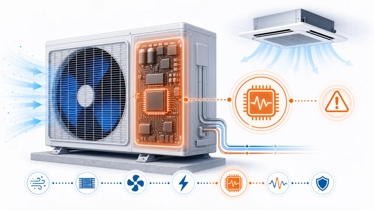 Schéma de diagnostic montrant un module inverter extérieur Daikin SkyAir avec carte de puissance en défaut.