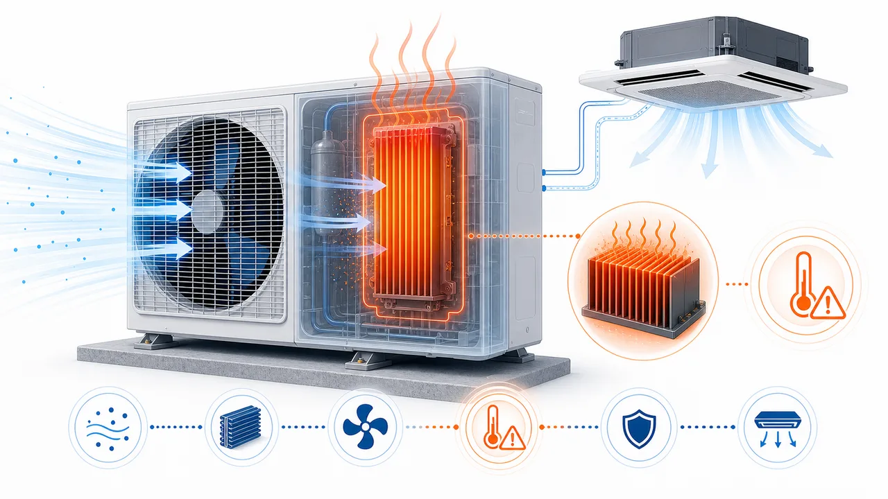 Schéma de diagnostic montrant un dissipateur thermique inverter Daikin SkyAir en surchauffe dans l’unité extérieure.