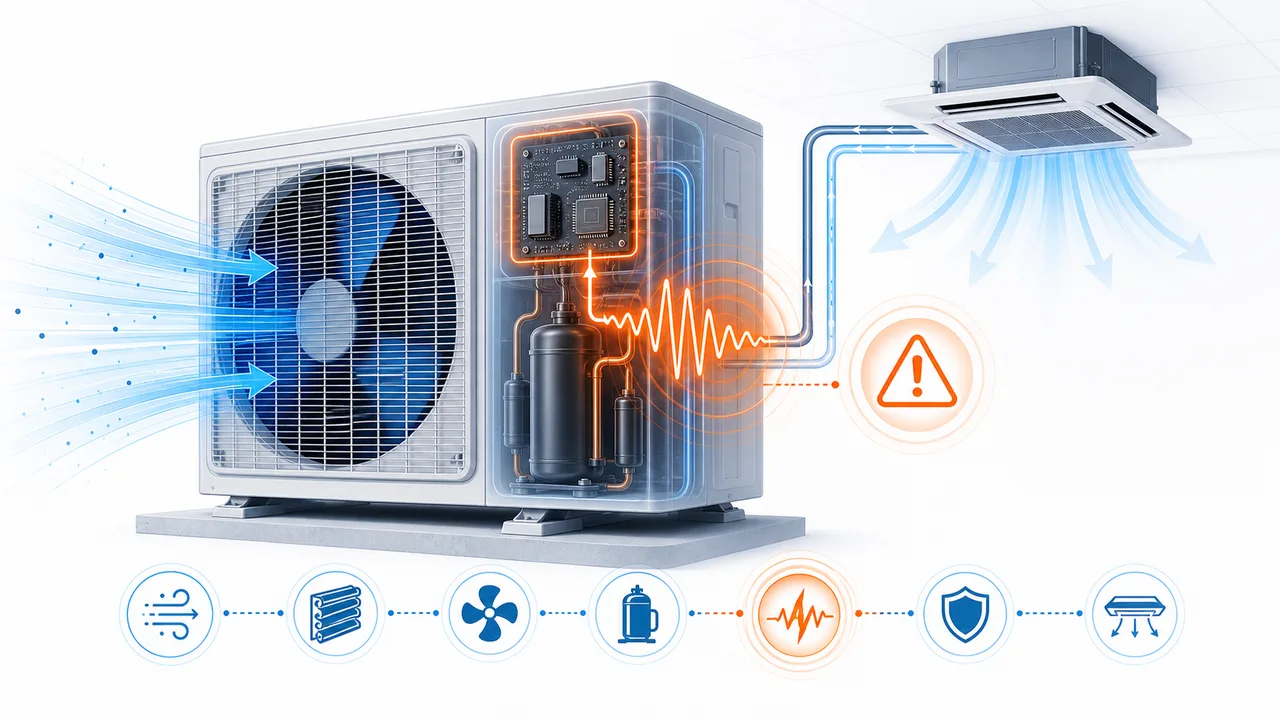 Schéma de diagnostic montrant une surintensité inverter compresseur Daikin SkyAir dans l’unité extérieure.