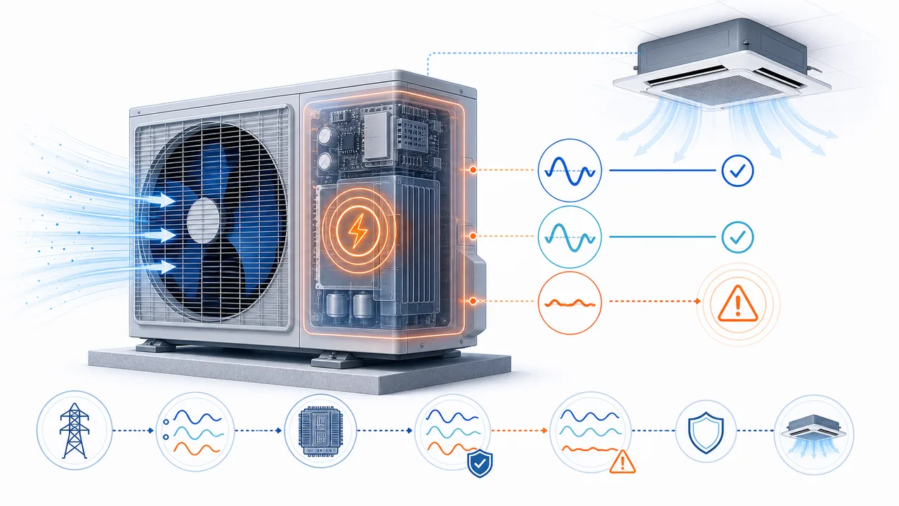 Schéma de diagnostic montrant une alimentation électrique inverter Daikin SkyAir avec phase manquante ou déséquilibrée.