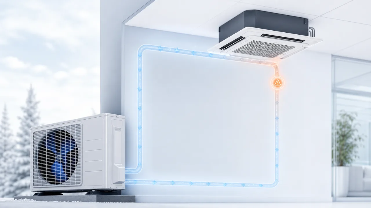 Schéma de diagnostic montrant une charge frigorifique Daikin SkyAir insuffisante dans un circuit scellé.