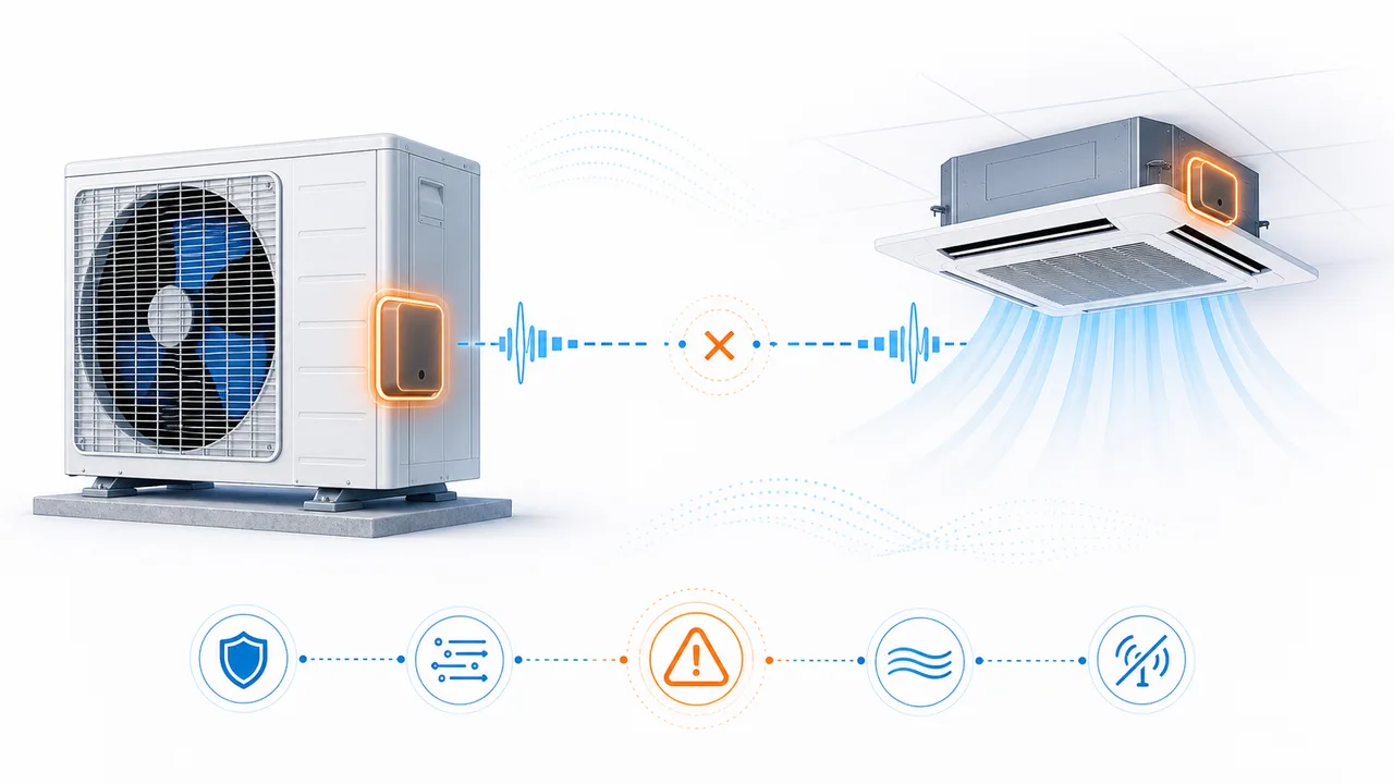 Schéma de diagnostic montrant une communication interrompue entre unité intérieure et extérieure Daikin SkyAir.