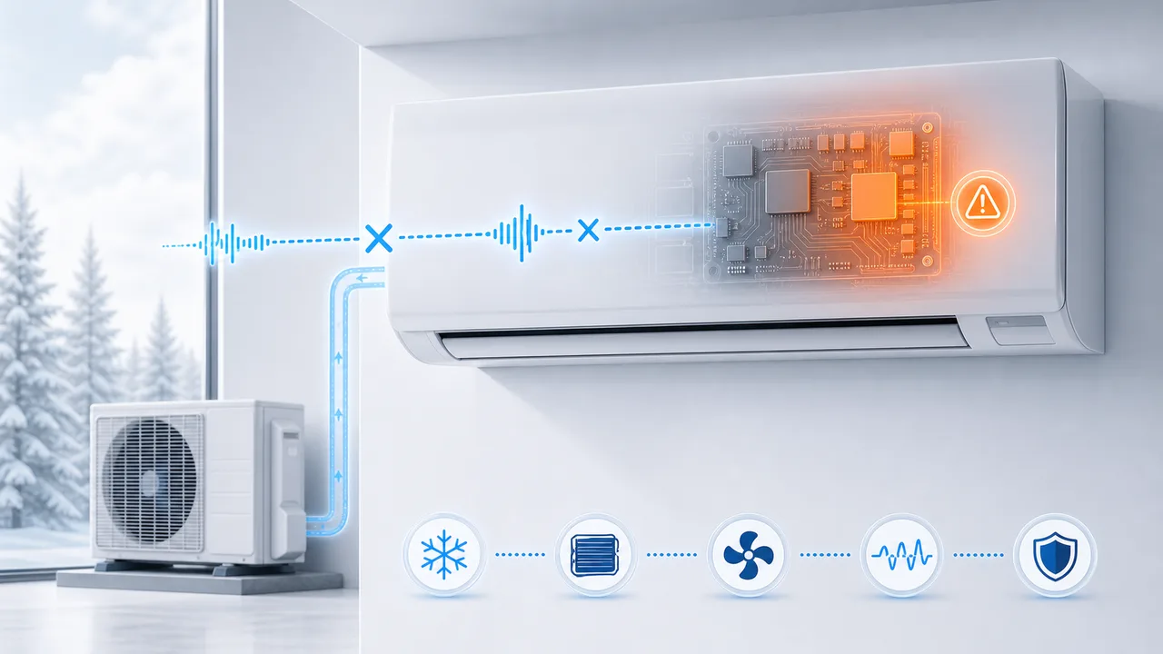 Schéma de diagnostic montrant une carte électronique intérieure Daikin Split en anomalie dans un module scellé.