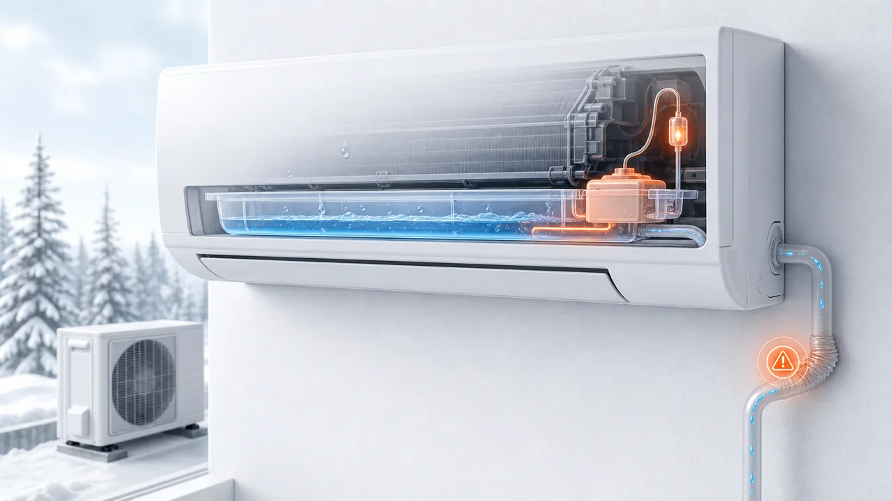 Schéma de diagnostic montrant une évacuation de condensats Daikin Split bloquée avec pompe et flotteur en alerte.