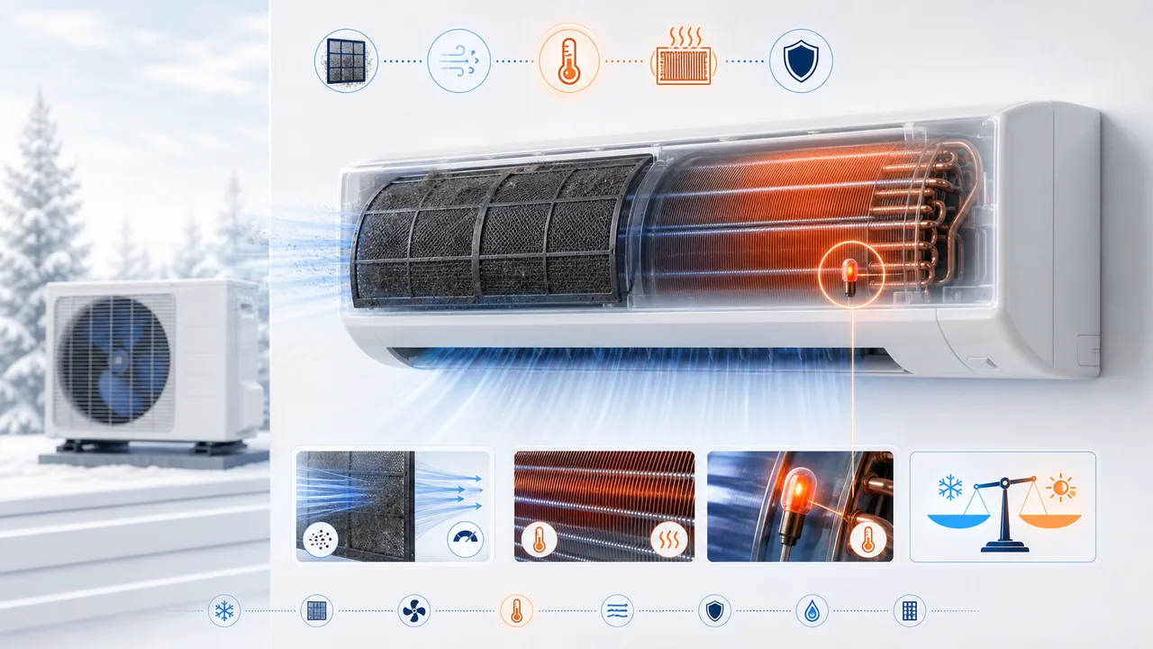 Schéma de diagnostic montrant un filtre encrassé et une thermistance Daikin Split en alerte sur l’unité intérieure.