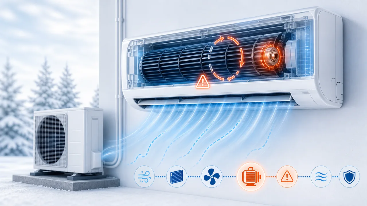 Schéma de diagnostic montrant un moteur de ventilateur intérieur Daikin Split avec turbine arrêtée.