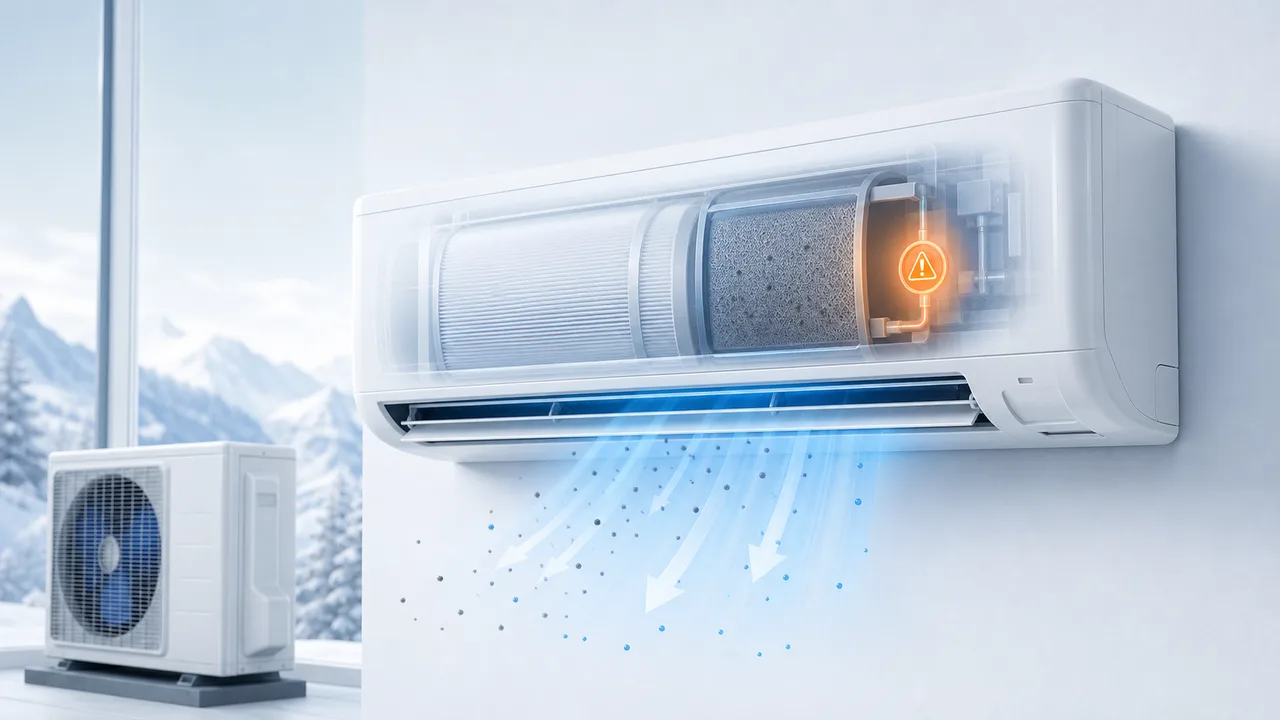 Schéma de diagnostic montrant un purificateur d’air électrique Daikin Split avec filtre et capteur en alerte.