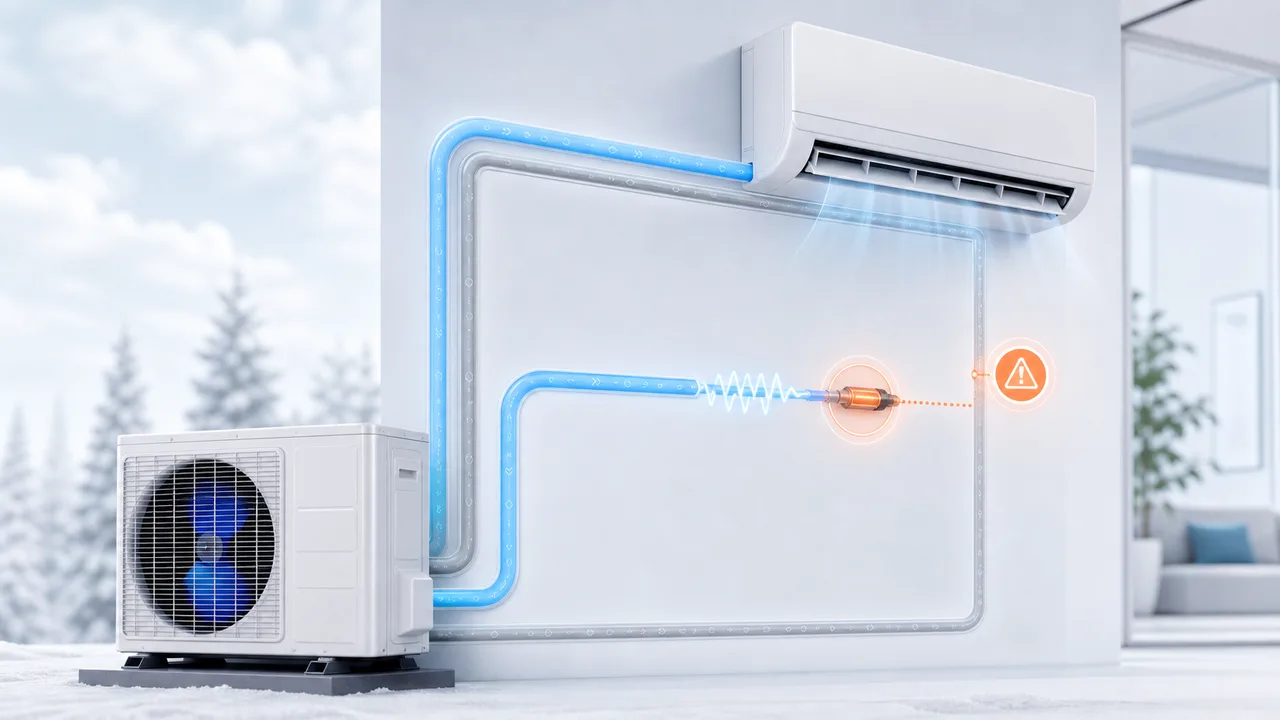 Schéma de diagnostic montrant une thermistance de tuyau liquide Daikin Split sur une ligne frigorifique scellée.