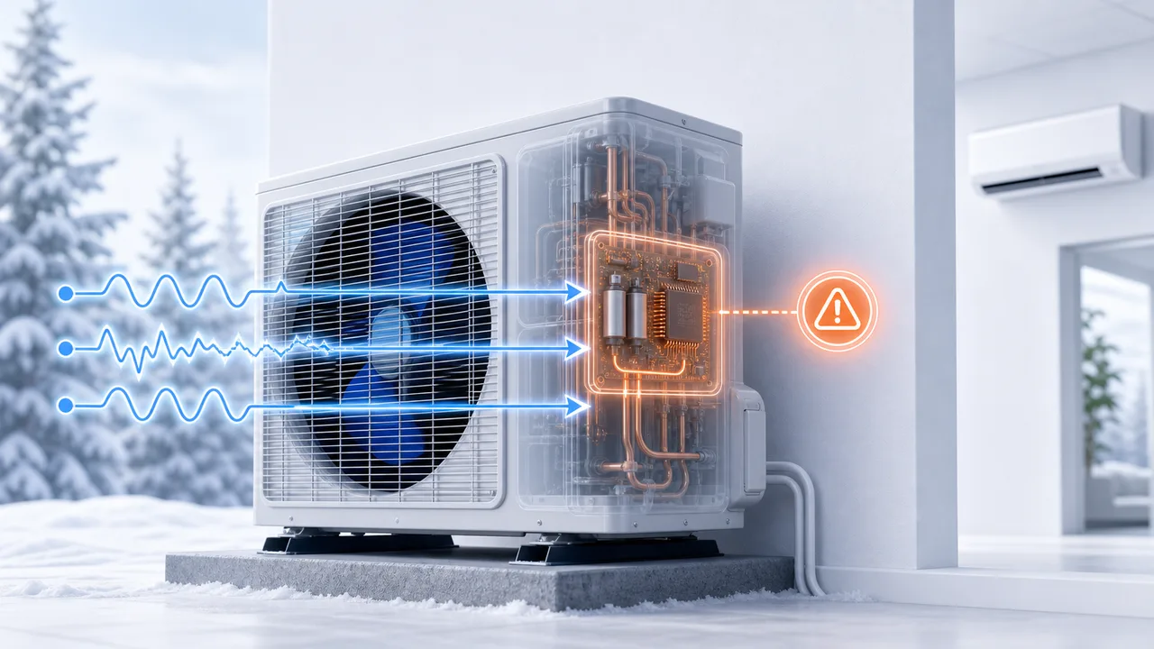Schéma de diagnostic montrant une alimentation électrique extérieure Daikin Split instable dans un module scellé.