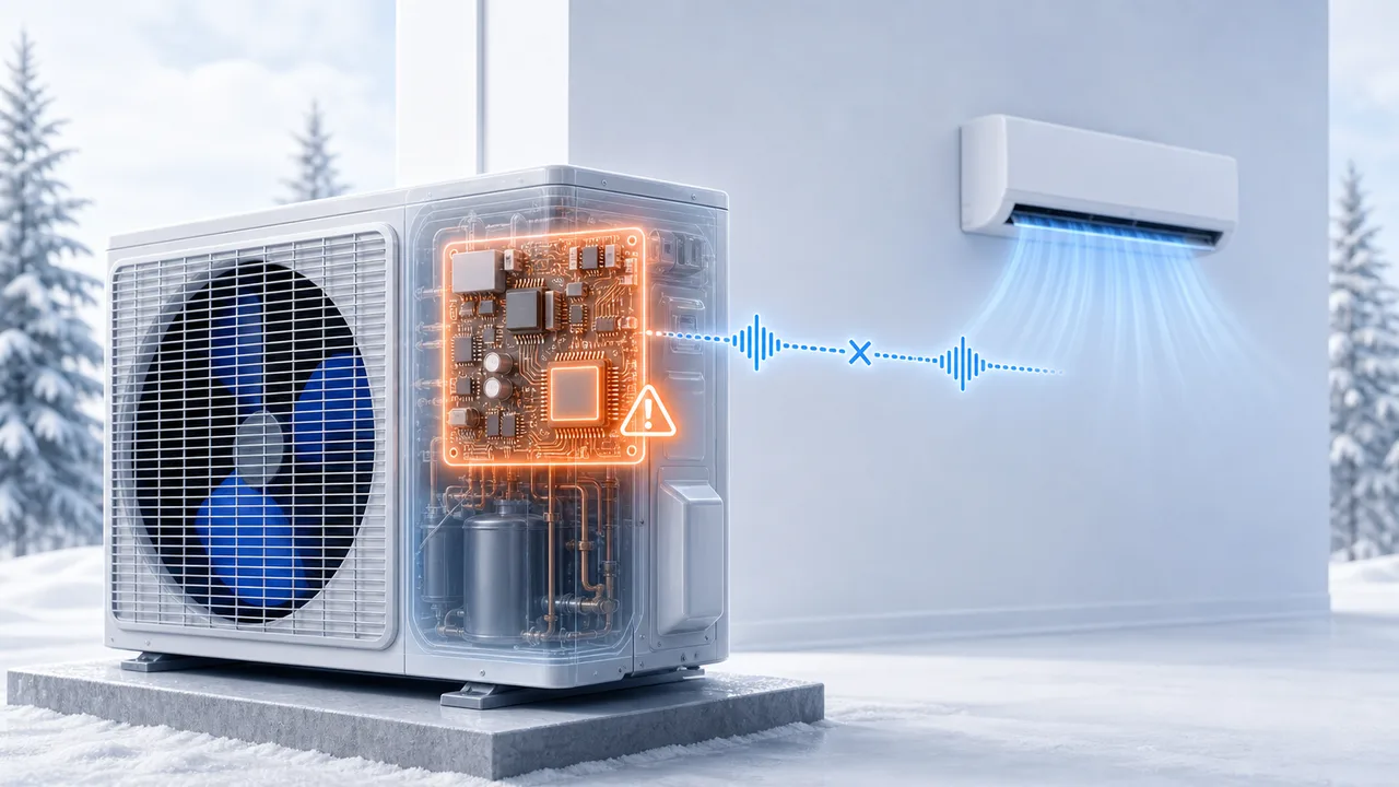 Schéma de diagnostic montrant une carte PCB extérieure Daikin Split en défaut dans un module scellé.