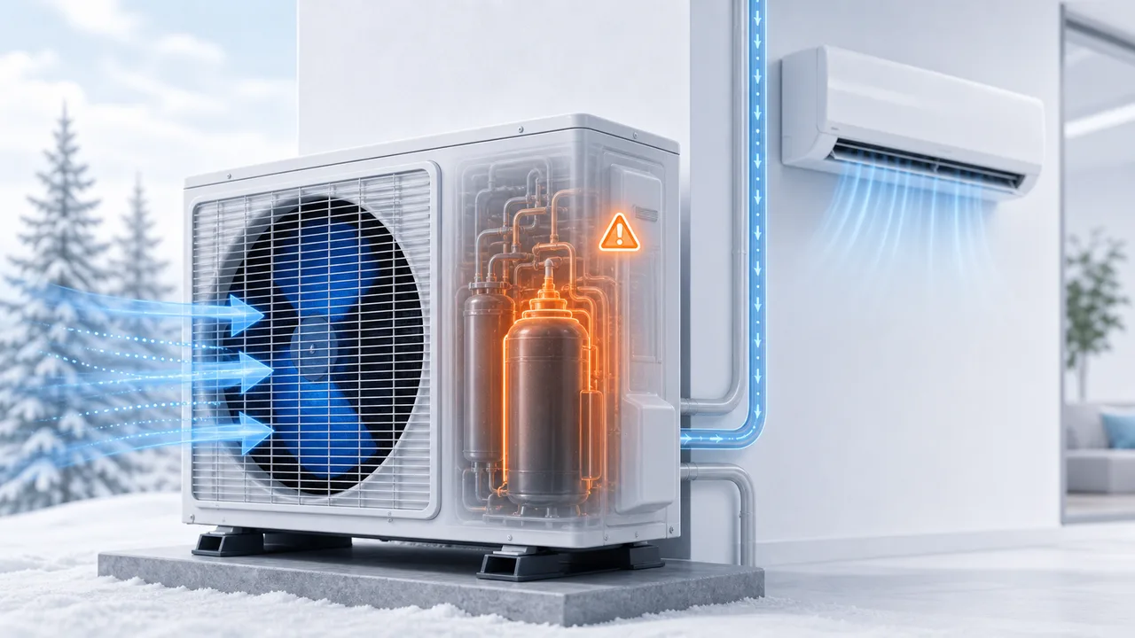 Schéma de diagnostic montrant un compresseur Daikin Split en surchauffe dans l’unité extérieure.