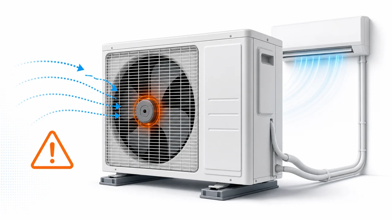 Schéma de diagnostic montrant un ventilateur extérieur arrêté sur une climatisation split Daikin avec flux d’air interrompu.