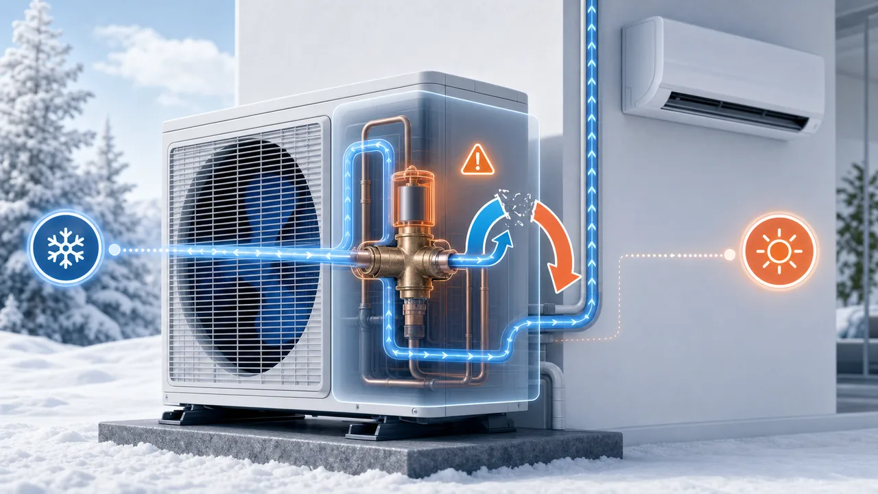 Schéma de diagnostic montrant une vanne 4 voies Daikin Split bloquée entre mode chaud et froid.