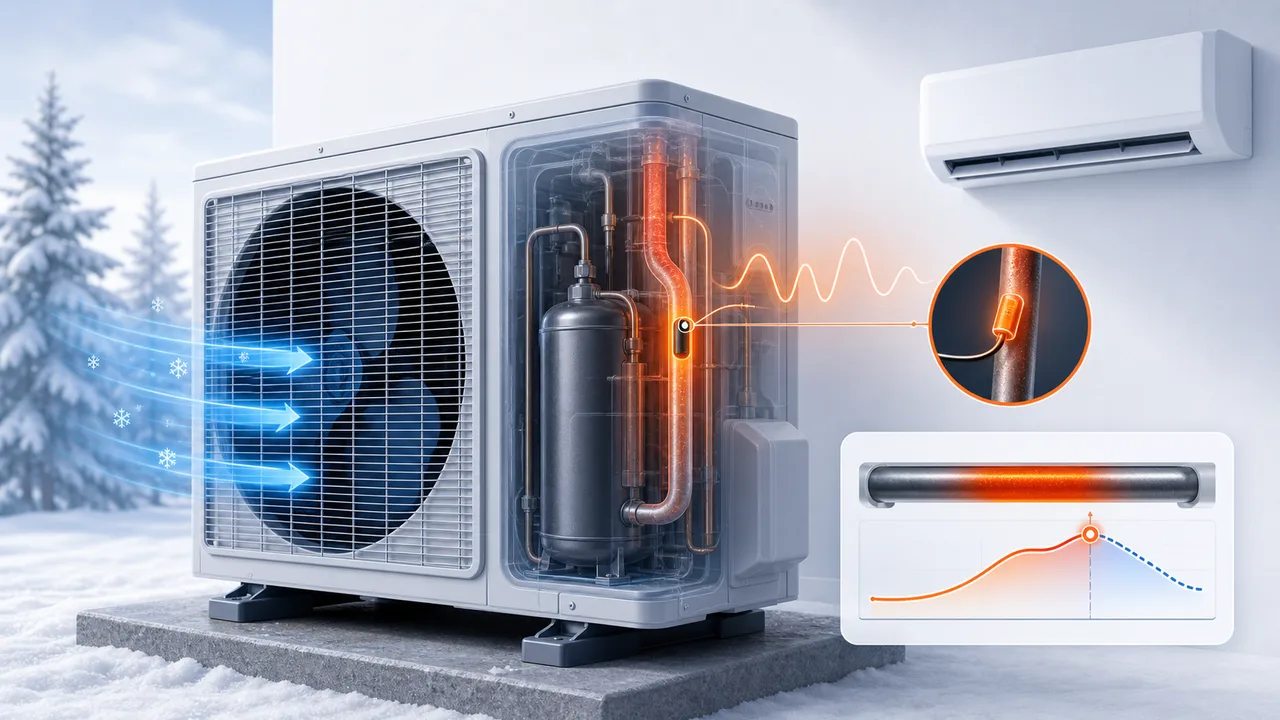 Schéma de diagnostic montrant le tuyau de refoulement compresseur Daikin Split en surchauffe.