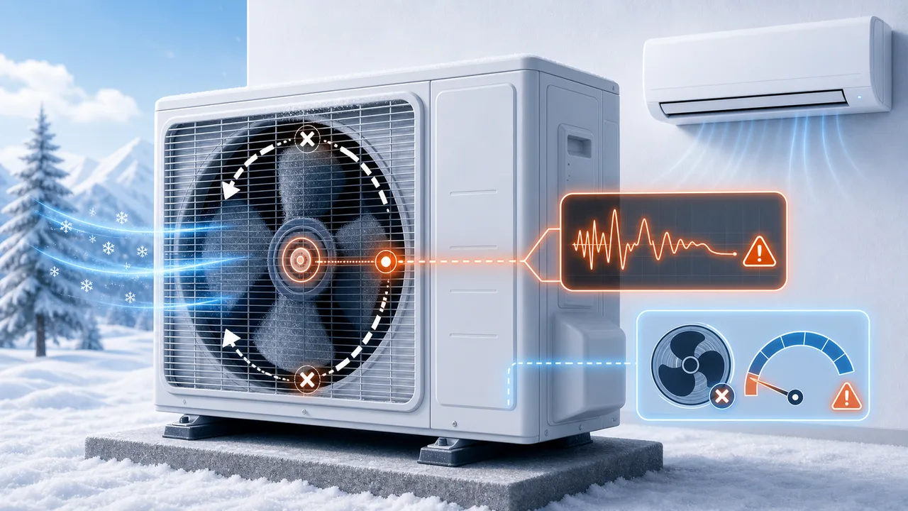 Schéma de diagnostic montrant un ventilateur extérieur Daikin Split arrêté avec retour vitesse en anomalie.