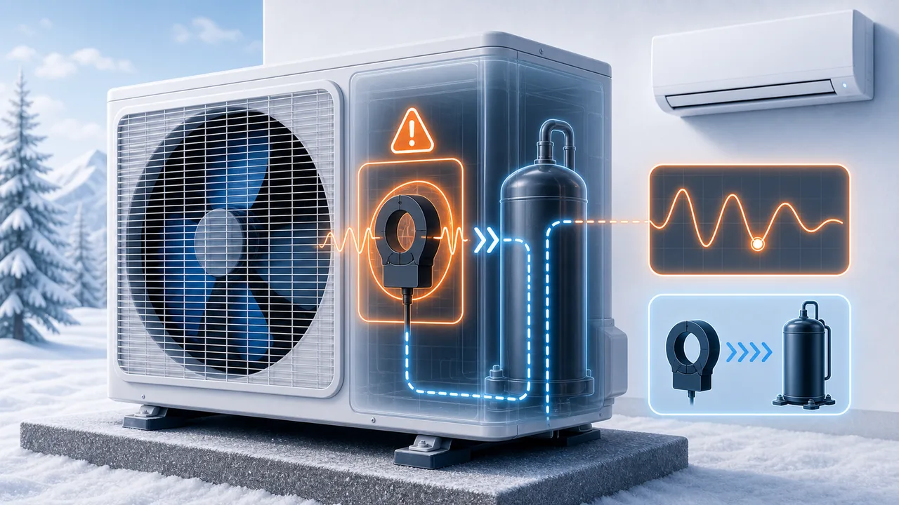 Schéma de diagnostic montrant un capteur de courant compresseur Daikin Split en défaut dans l’unité extérieure.