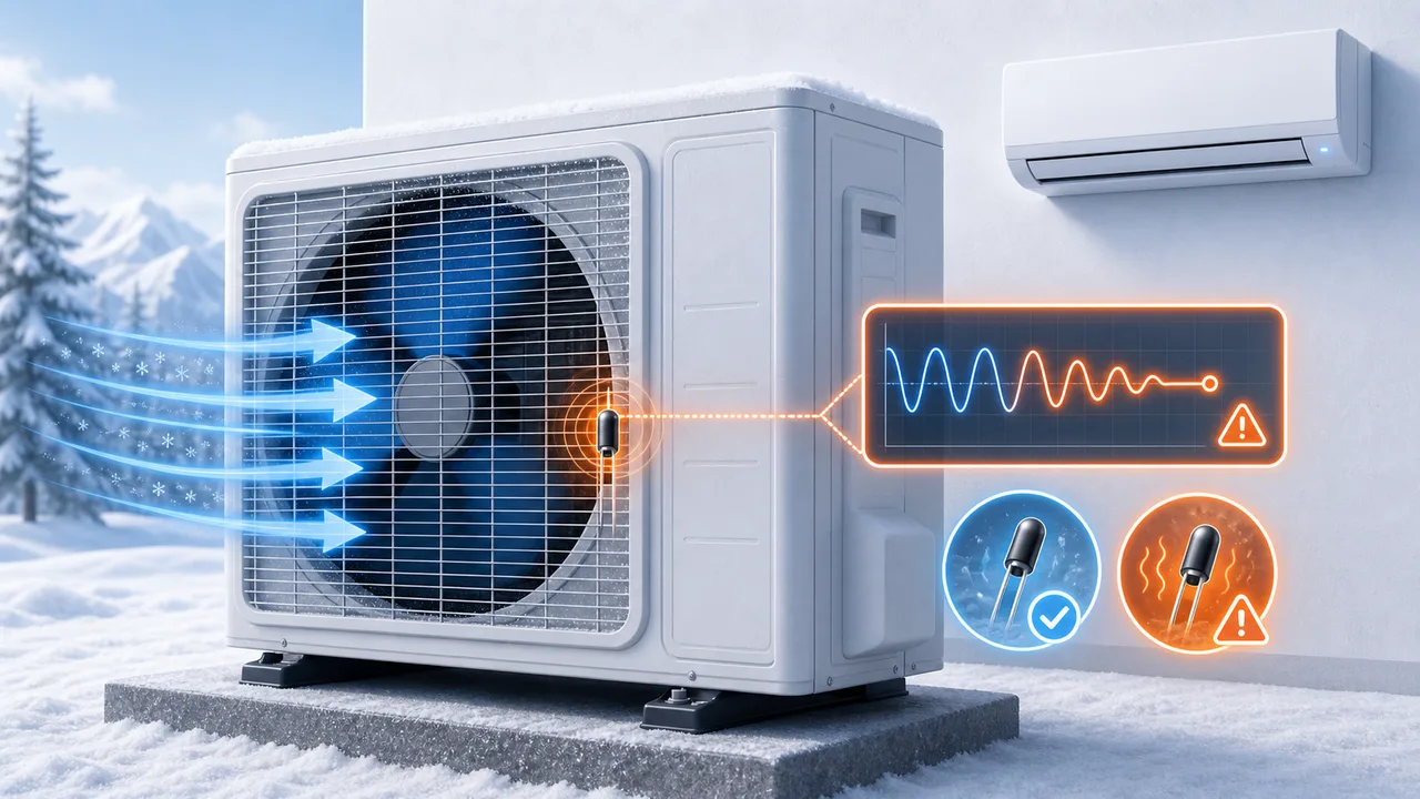 Schéma de diagnostic montrant une thermistance d’air extérieur Daikin Split près de la grille d’aspiration.