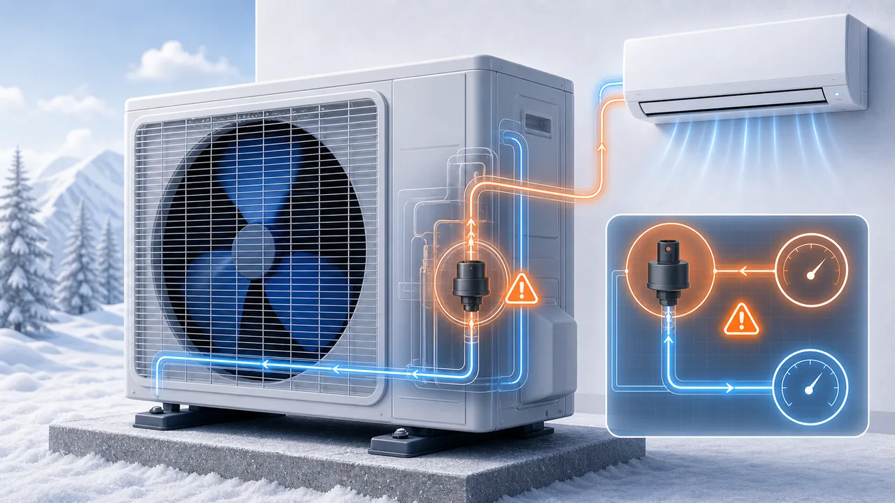 Schéma de diagnostic montrant un capteur de pression frigorifique Daikin Split en anomalie côté unité extérieure.