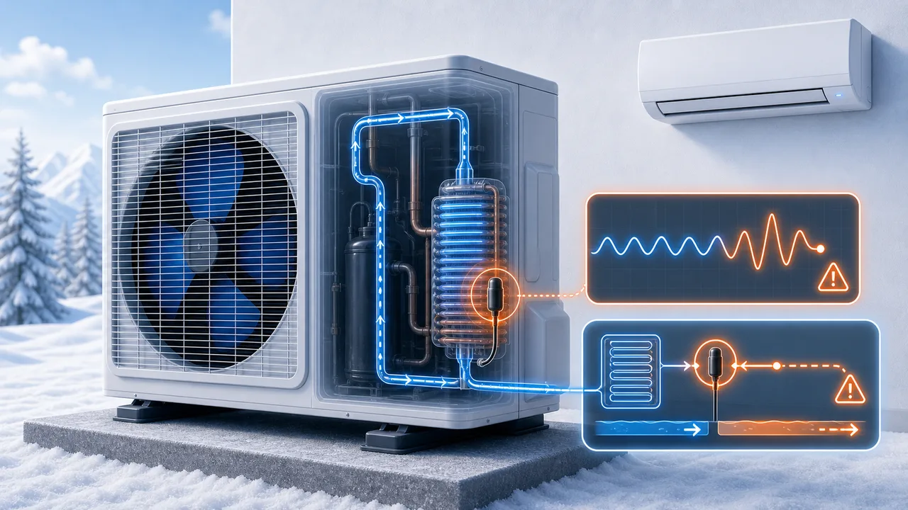 Schéma de diagnostic montrant une thermistance de sous-refroidissement Daikin Split sur la ligne liquide.