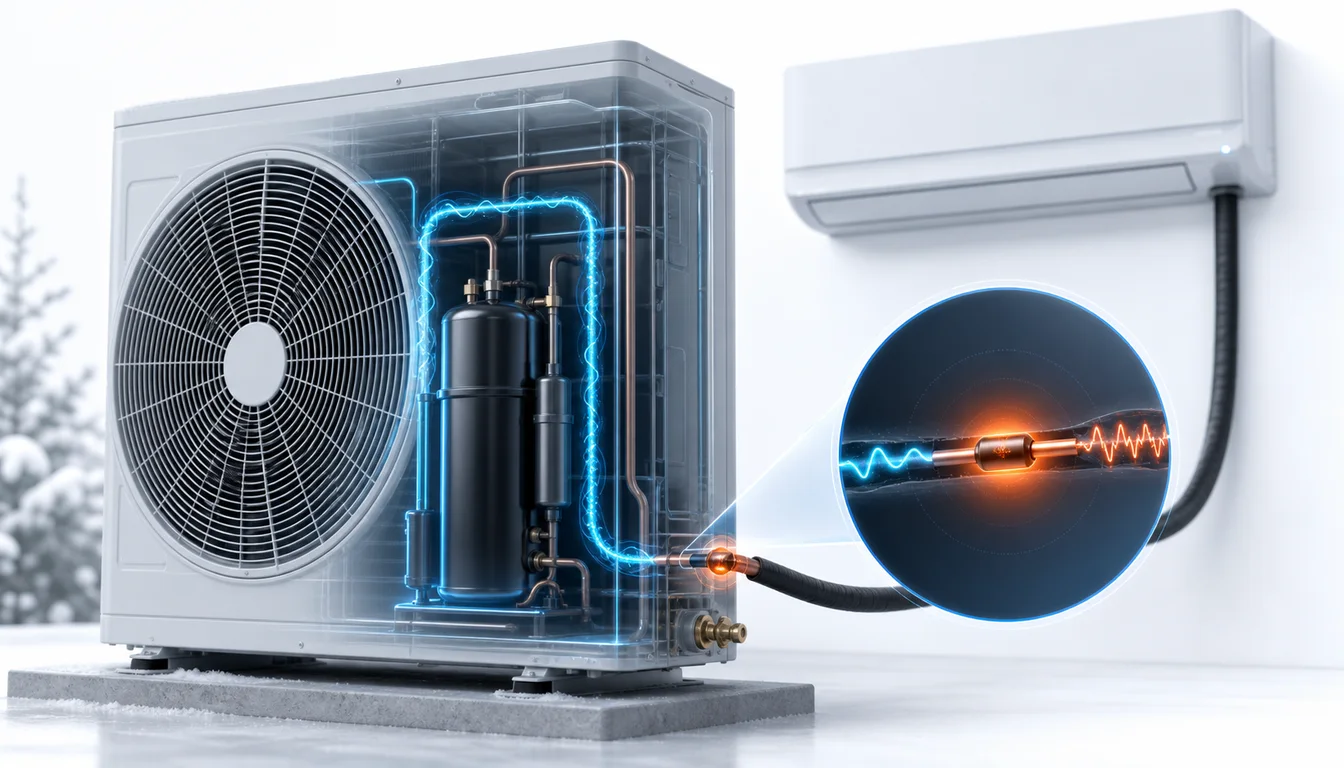 Schéma de diagnostic montrant une thermistance de ligne gaz Daikin Split sur le retour compresseur.