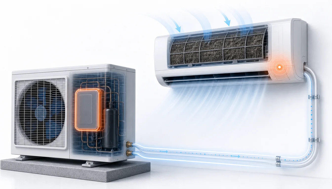 Schéma de diagnostic montrant un manque de réfrigérant ou filtre intérieur encrassé sur Daikin Split.