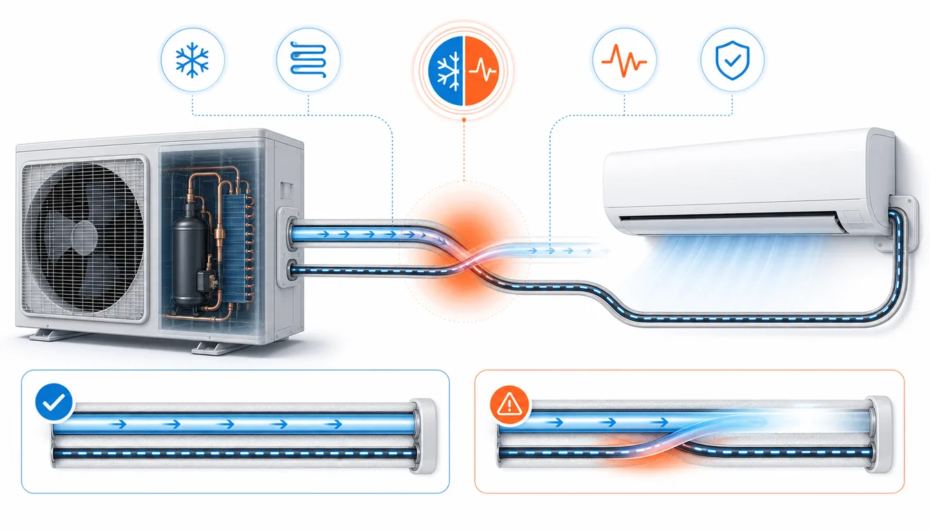 Schéma de diagnostic montrant un décalage entre liaisons frigorifiques et signal de connexion Daikin Split.
