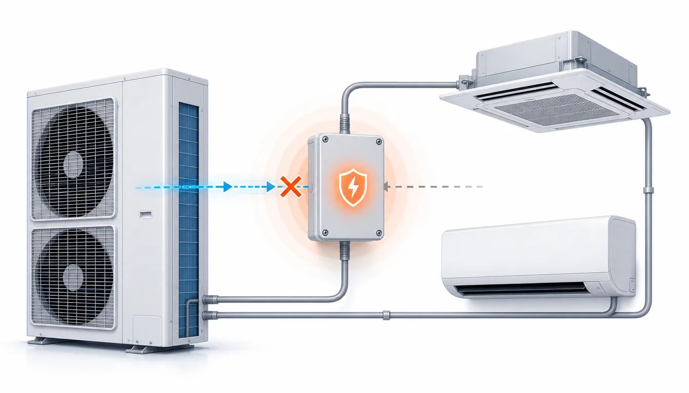 Schéma de diagnostic montrant un dispositif de protection externe déclenché sur un système Daikin VRV.
