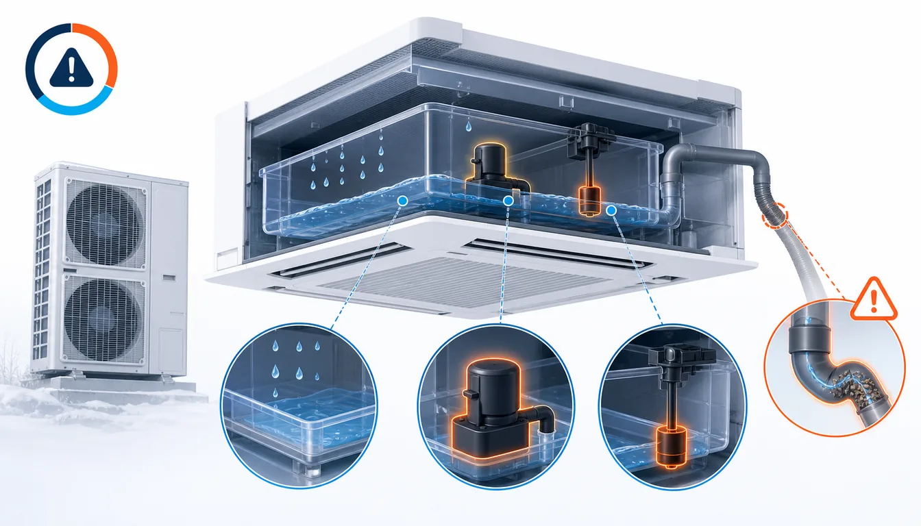 Schéma de diagnostic montrant un bac à condensats Daikin VRV avec pompe et flotteur de sécurité en alerte.