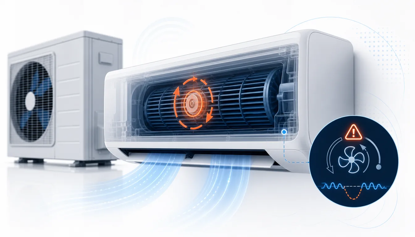 Schéma de diagnostic montrant un ventilateur intérieur Daikin VRV ralenti ou bloqué avec débit d’air interrompu.