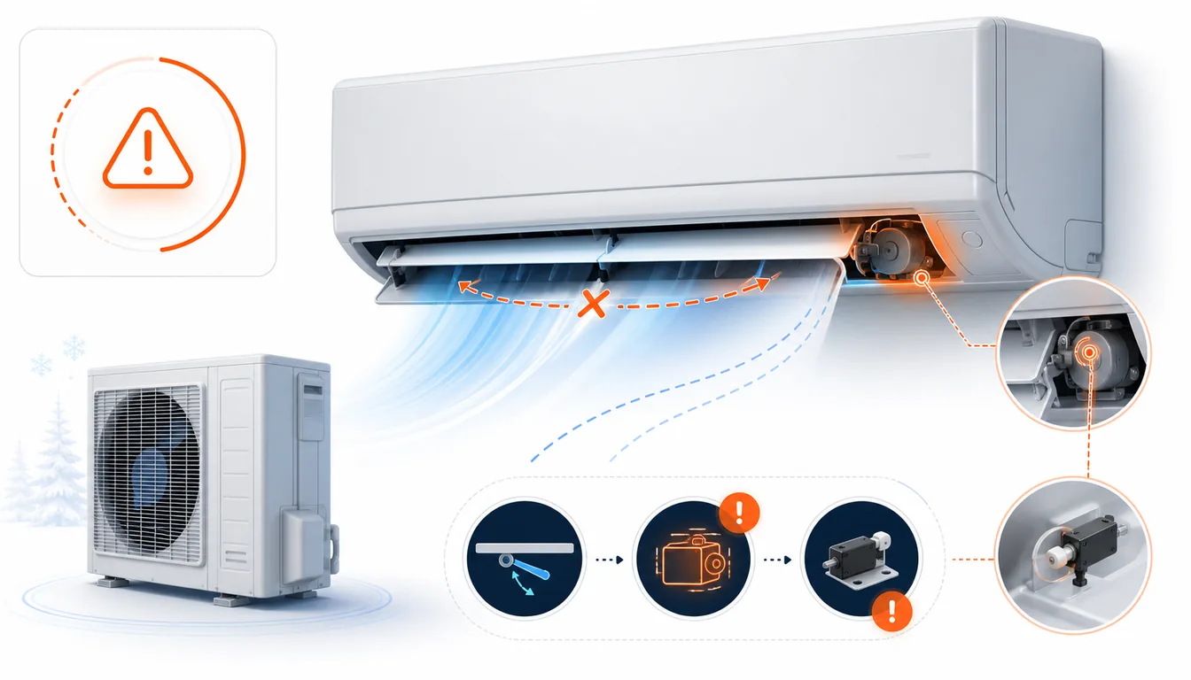 Schéma de diagnostic montrant un volet motorisé Daikin VRV bloqué avec orientation d’air irrégulière.