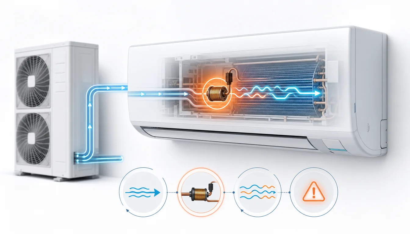 Schéma de diagnostic montrant un détendeur électronique intérieur Daikin VRV avec débit frigorifique instable.