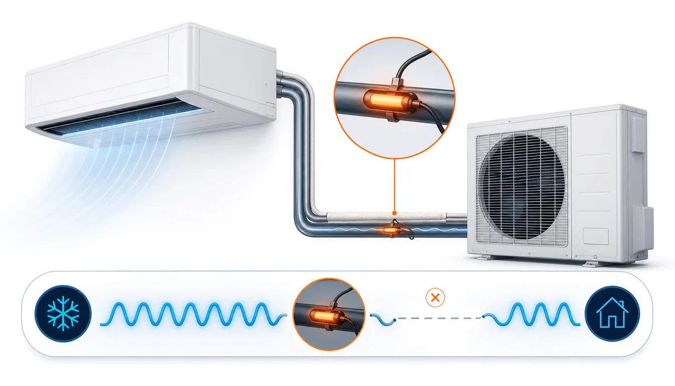 Schéma de diagnostic montrant une thermistance de tuyau liquide Daikin VRV en défaut sur une liaison frigorifique scellée.